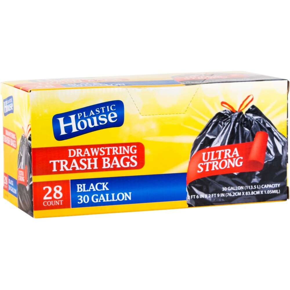 Plastic House 30 Gallon Black Drawstring Trash Bags, 28 Ct
